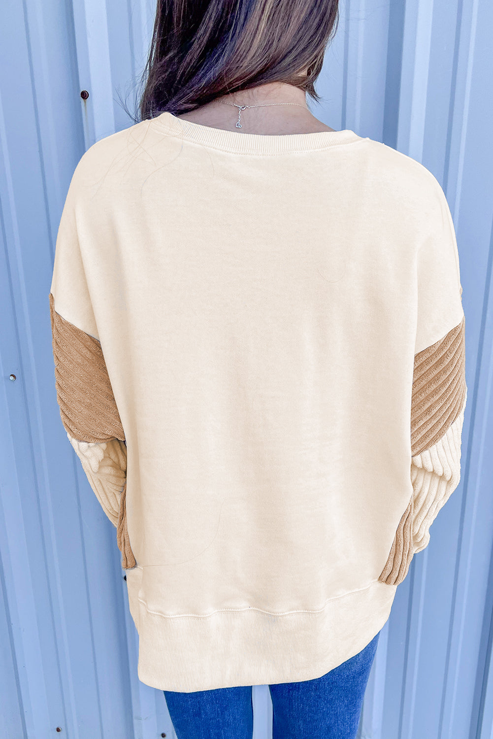 Apricot Corduroy Patchwork Drop Shoulder Long Sleeve Sweatshirt eAura