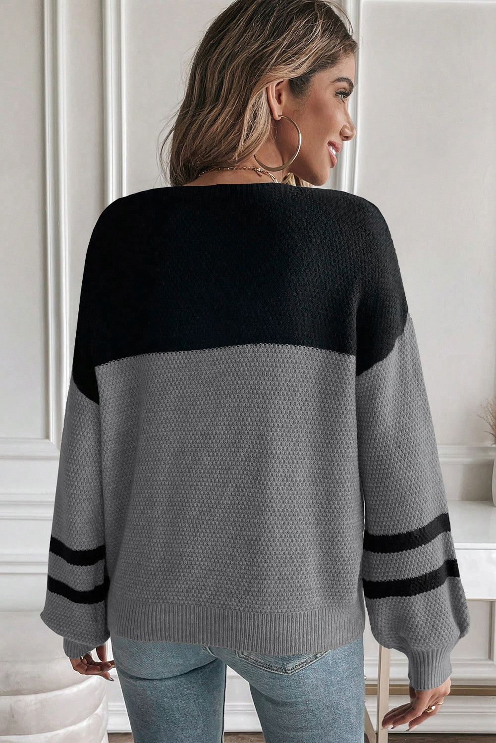 Colour Block Knit Striped Sleeve Detail Casual Sweater - eAura