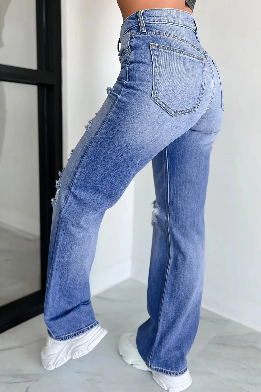 Mid Rise Distressed Straight Leg Jeans