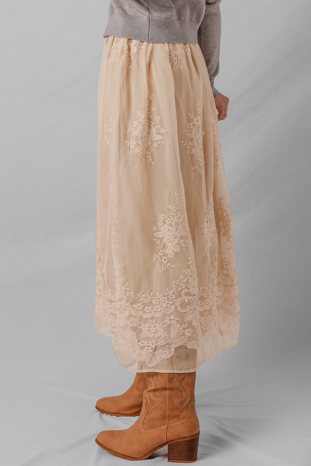 Embroidered Mesh Overlay Flowy Maxi Skirt - eAura