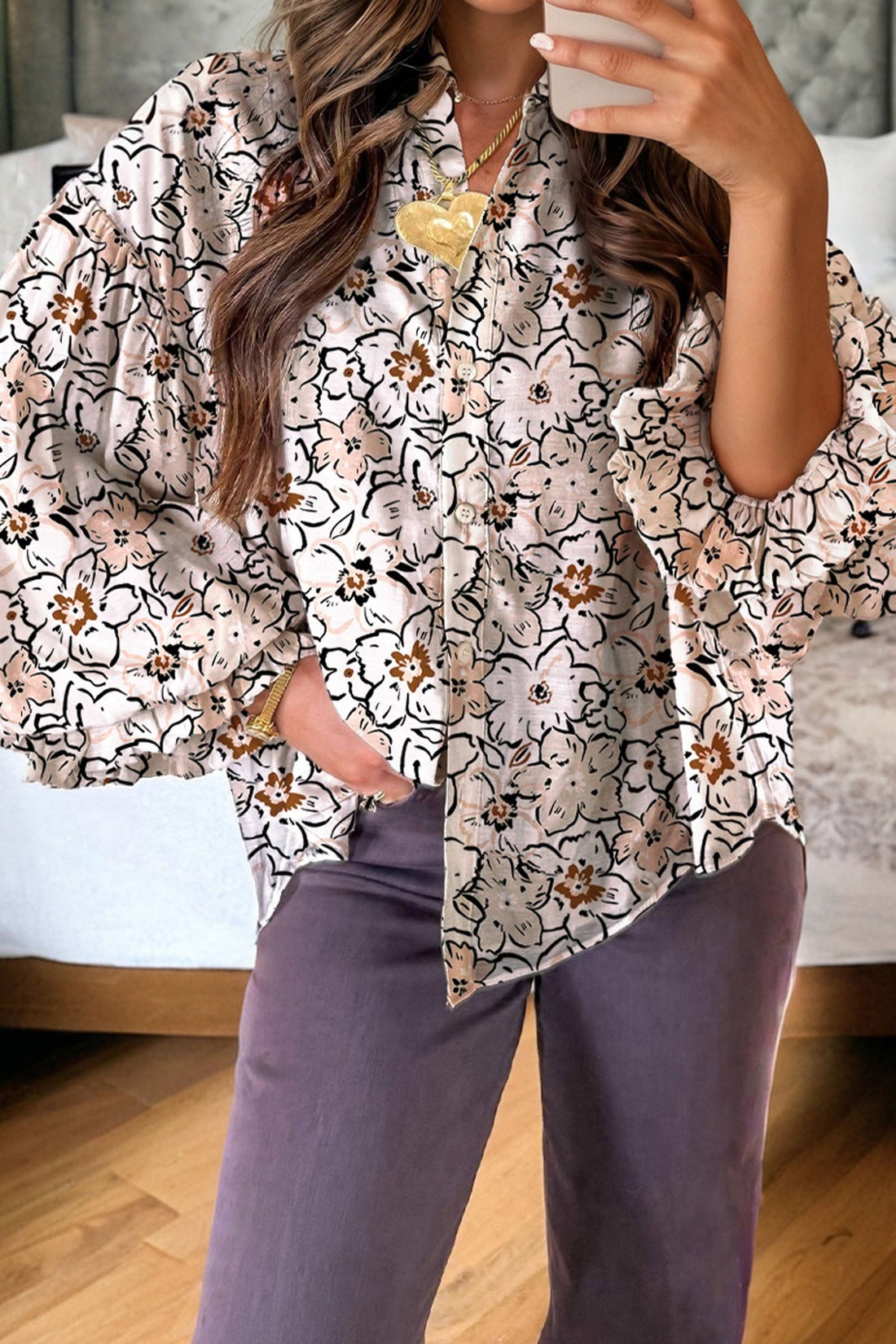 Bold Floral Print Frilled Puff Sleeve Button Down Shirt - eAura