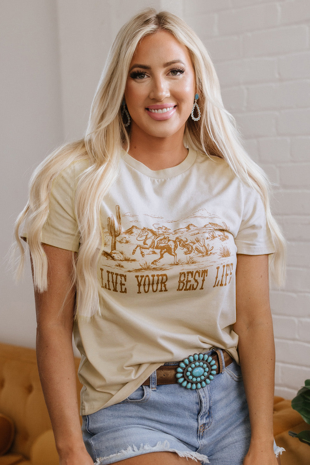 Beige LIVE YOUR BEST LIFE Crew Neck Western Graphic Tee eAura