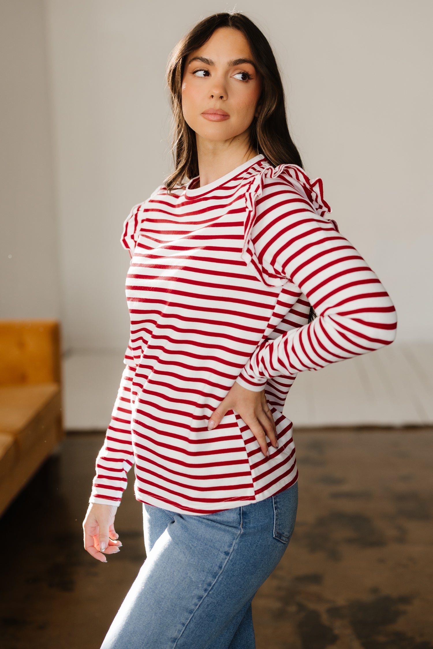 Stripe Round Neck Ruffle Trim Long Sleeve Top - Tops/Long Tops
