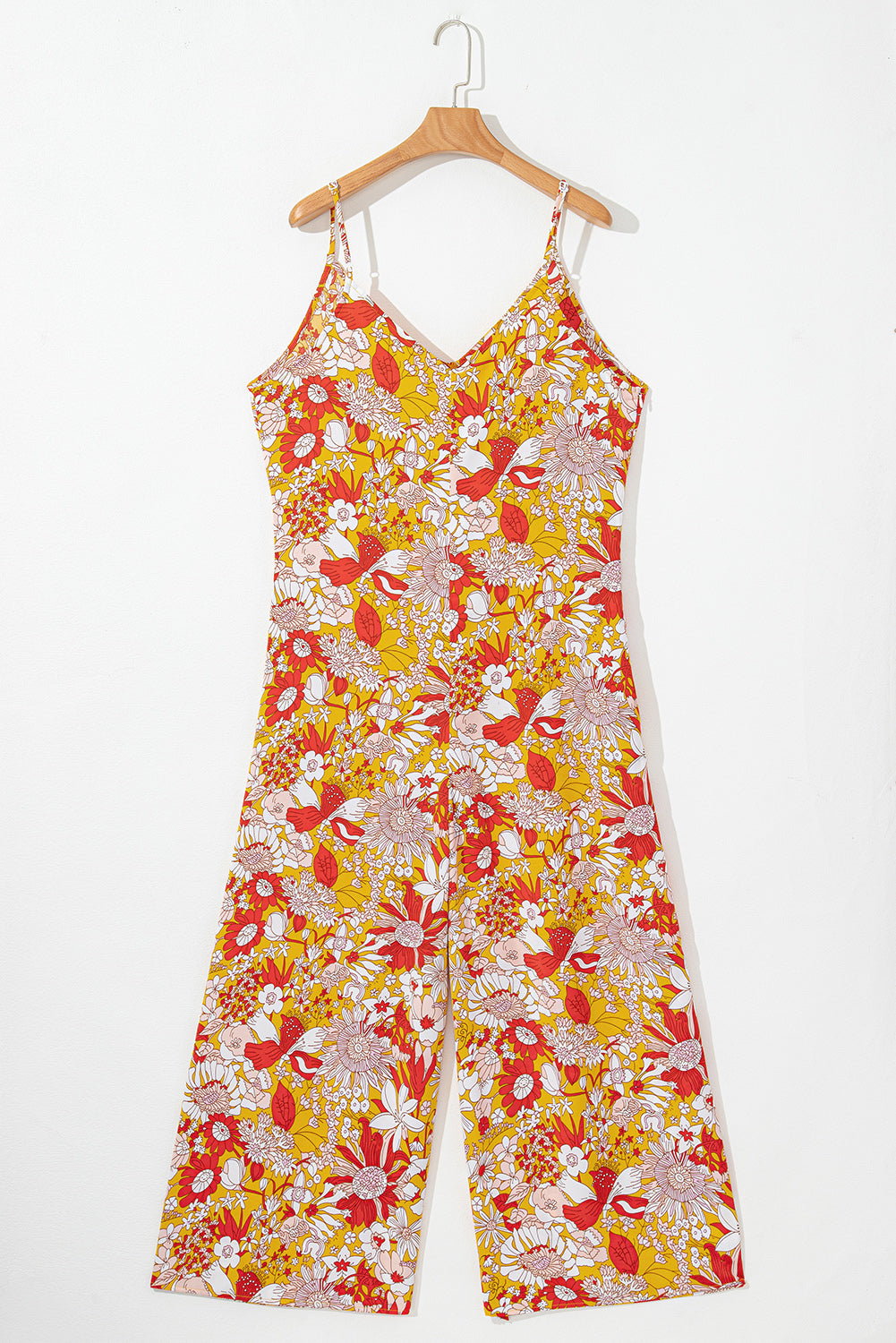 Orange Floral V Neck Wide Leg Sleeveless Jumpsuit eAura