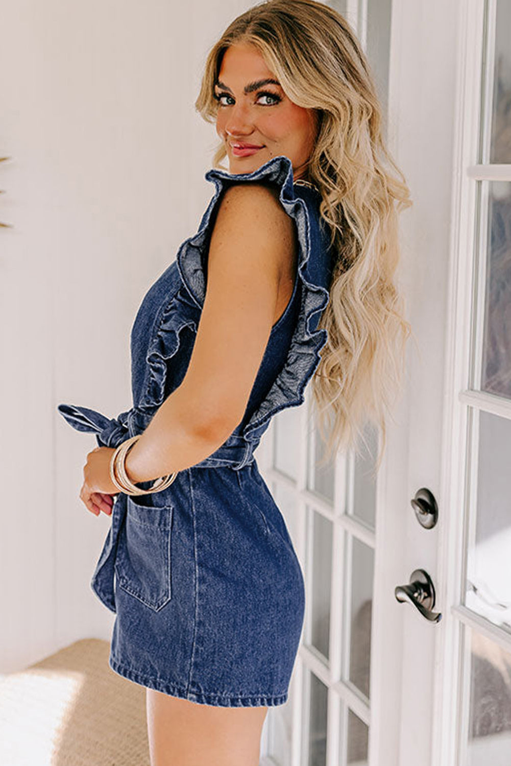 Sail Blue Denim Ruffled Zipped Front Belted Romper eAura