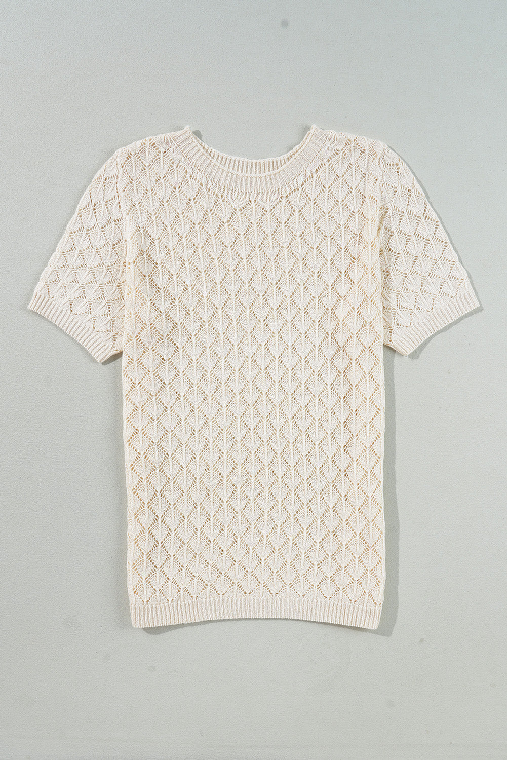 Beige Hollow Out Crochet O Neck Short Sleeve Sweater Tee eAura