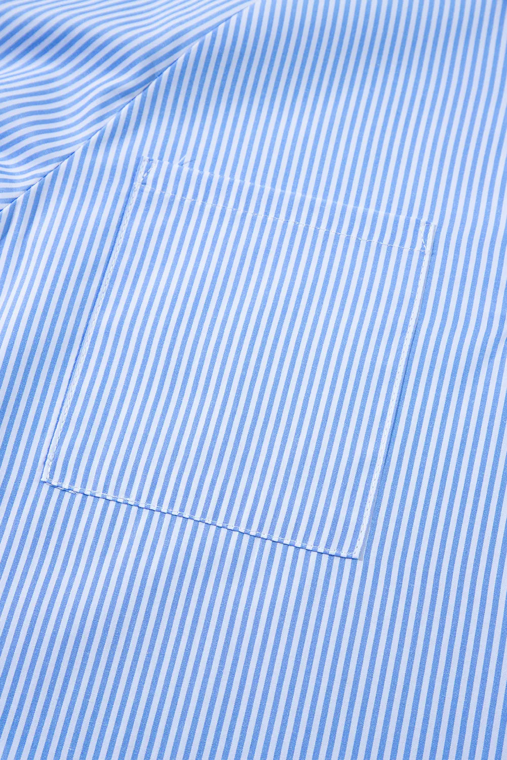 Pinstripe Long Sleeve Smocked Cuffs Button Shirt Collar Blouse – Sky Blue Stripe