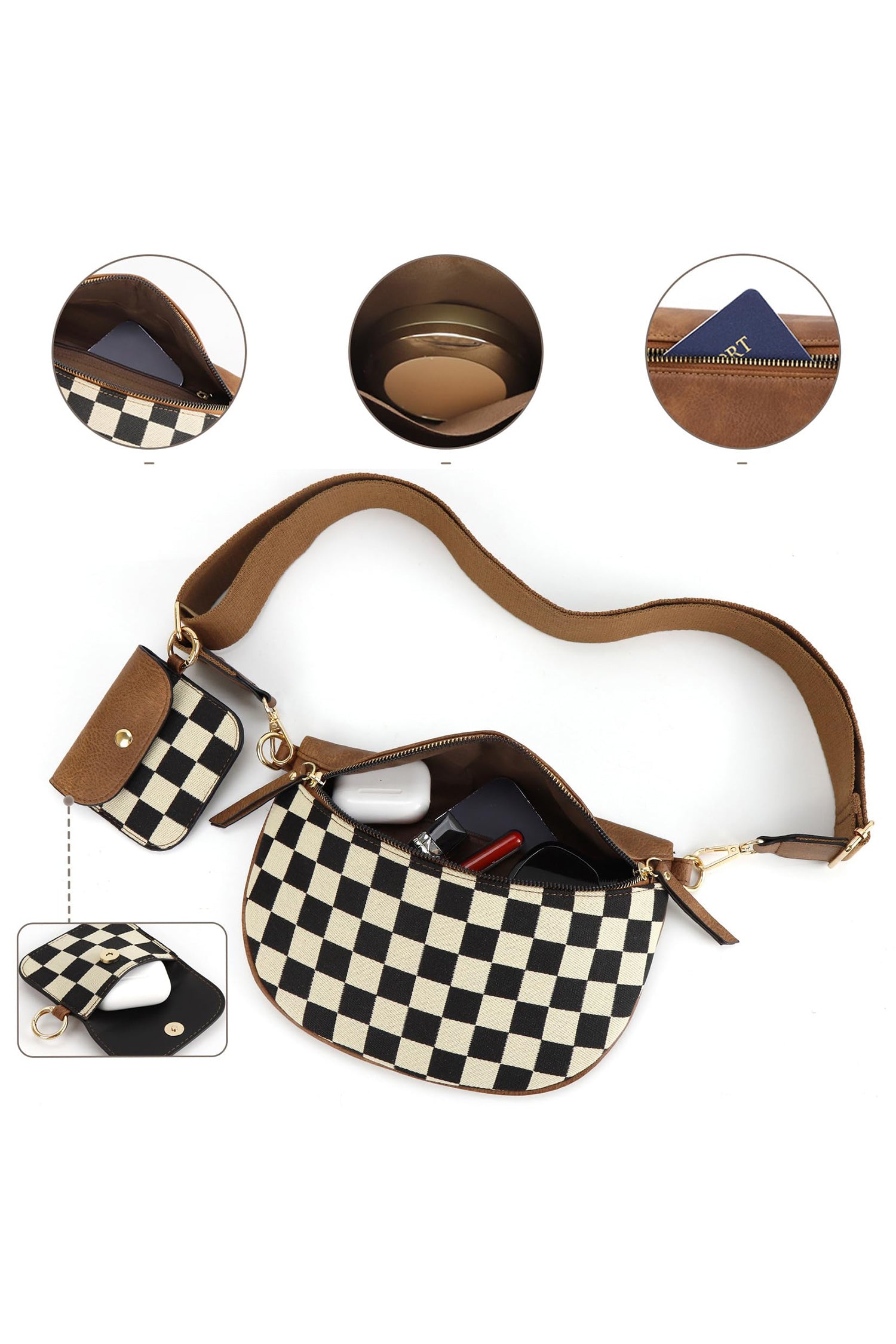 Coffee PU Leather Checkered Knit Patchwork Wallet Attached Shoulder Bag