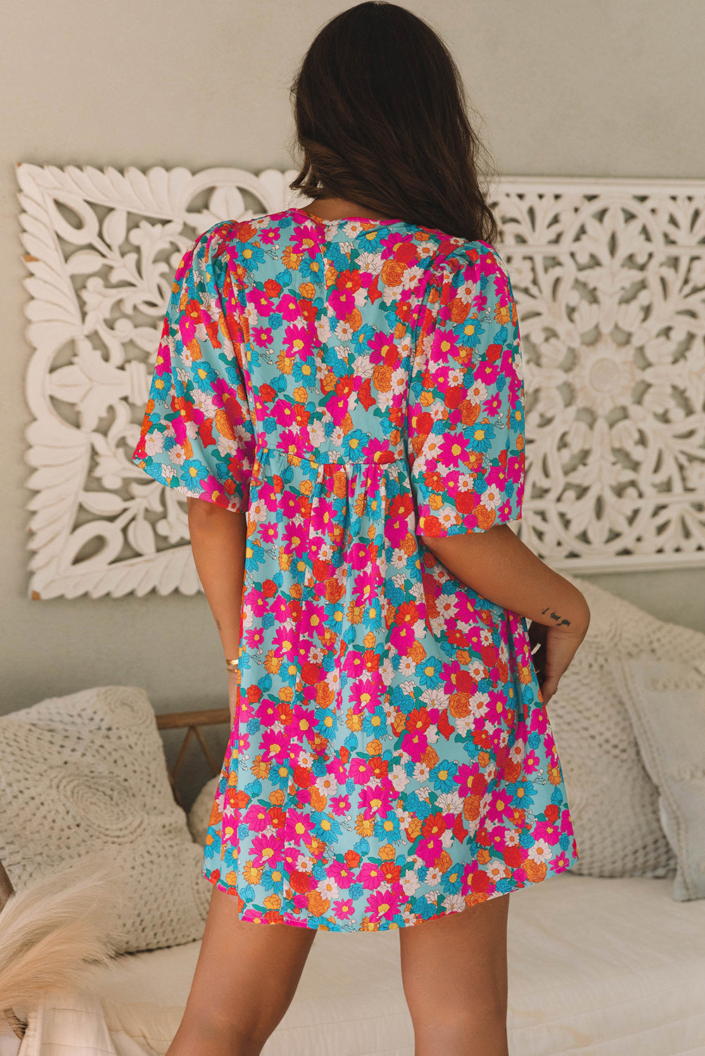 Sky Blue Floral Print Tie Split Neck Bubble Sleeve Babydoll Dress eAura