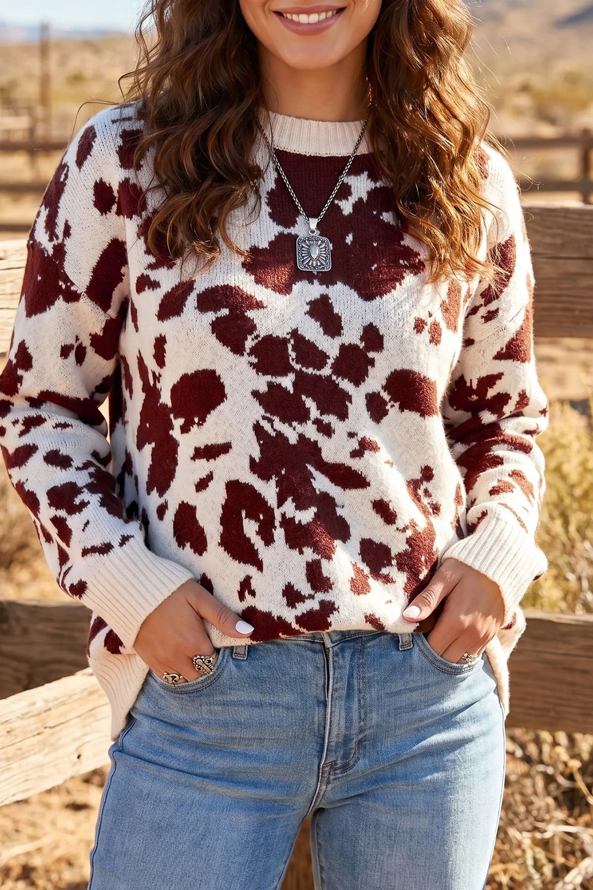 Western Print Cow Pattern Long Sleeve Round Neck Pullover Knitwear Sweater