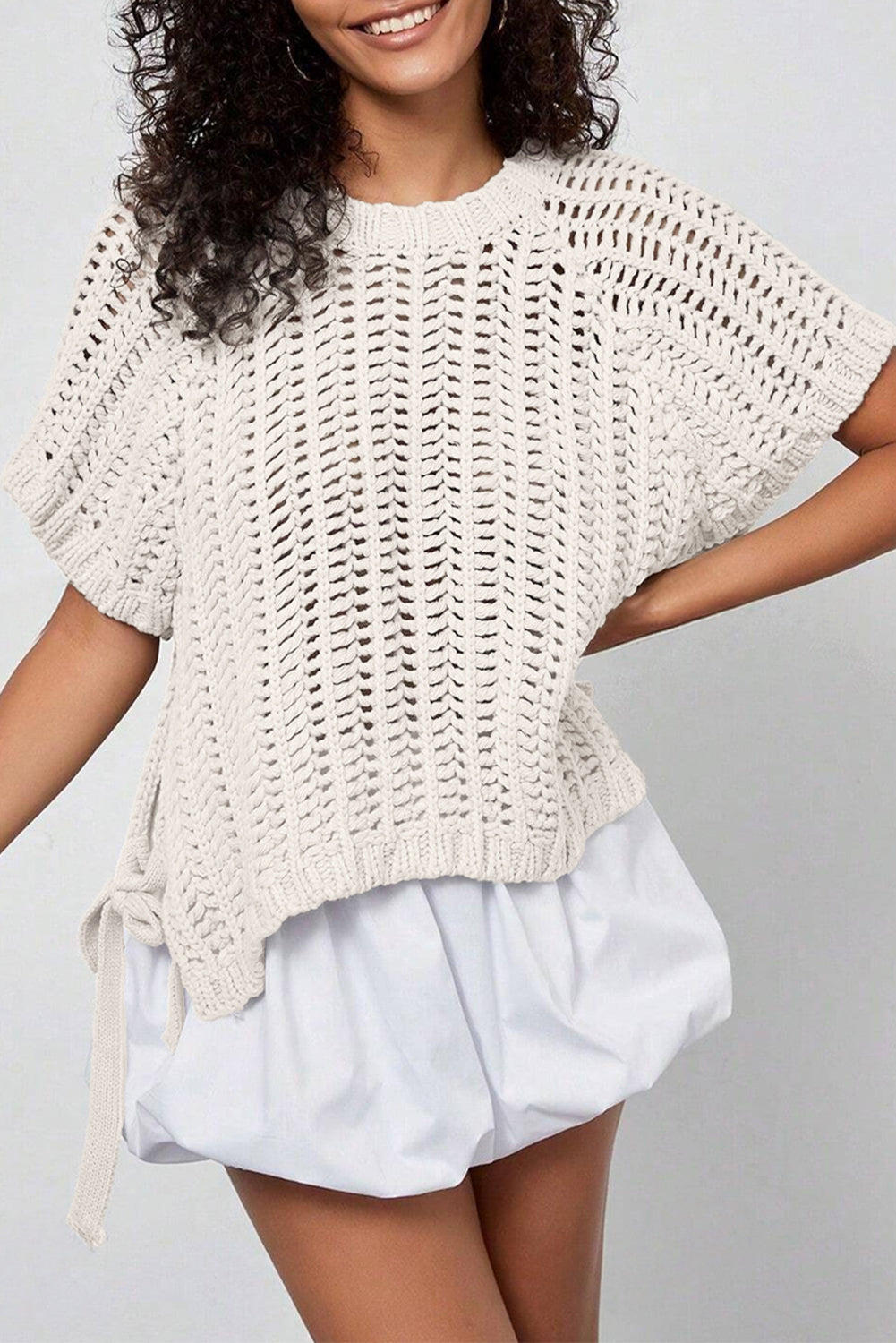 Plus Size Open Knit Bow Tie Short Sleeve Sweater - eAura