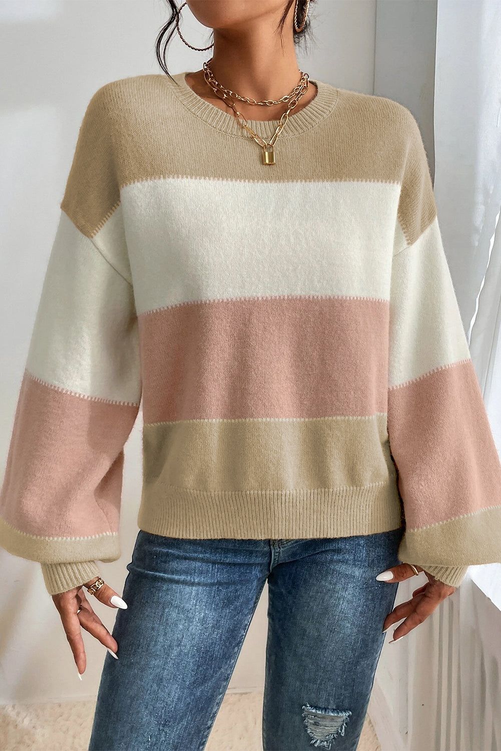 Colour Block Lantern Sleeve Drop Shoulder Sweater - Sweaters & Cardigans/Sweaters