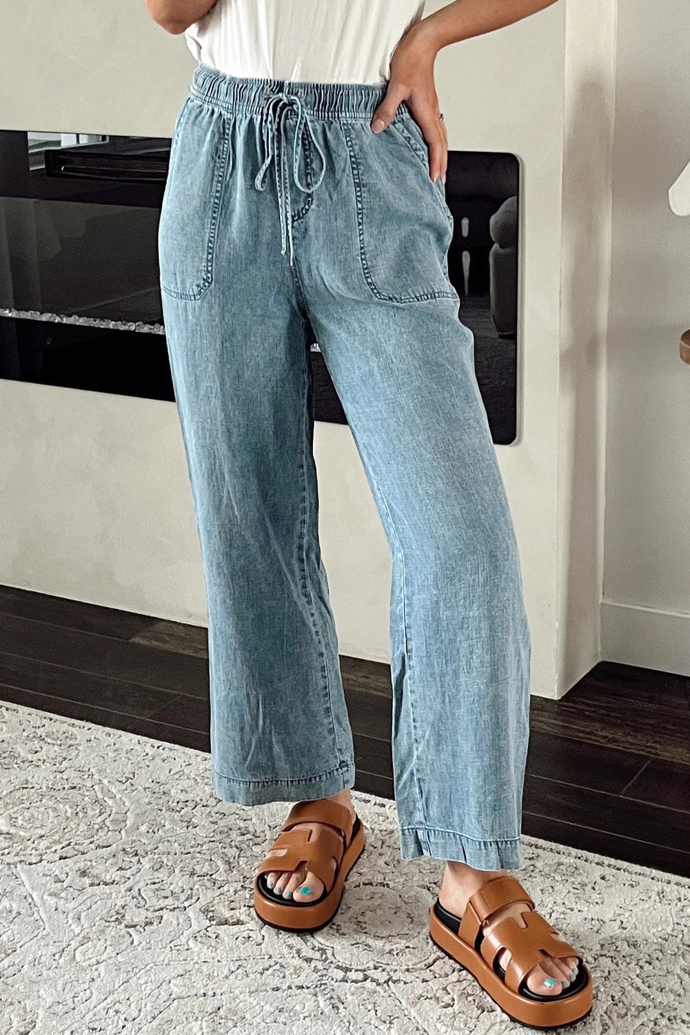 Myosotis Mineral Wash Drawstring Waist Loose Straight Denim Trousers Beagle Boutique Fashion Outlet