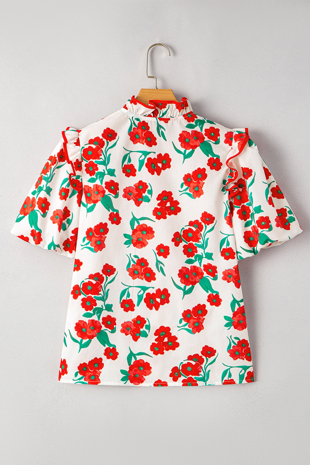Red Floral Print Ruffled Puff Sleeve Elegant Summer Shirt eAura