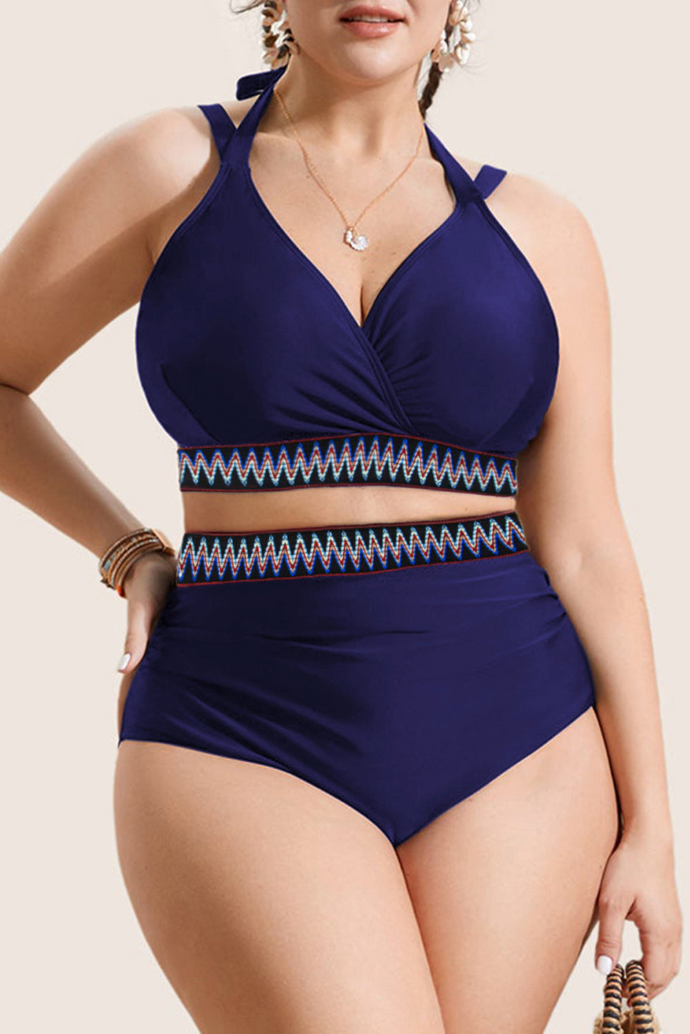 Navy Blue Embroidered Trim Wrap Tie Knot Plus Size High Waisted Bikini BB Fashion Outlet