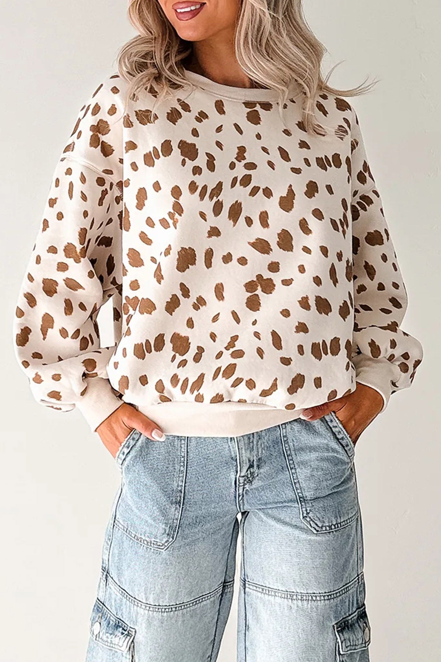 Leopard Print Dropped Shoulder Round Neck Casual Sweatshirt – Brown
