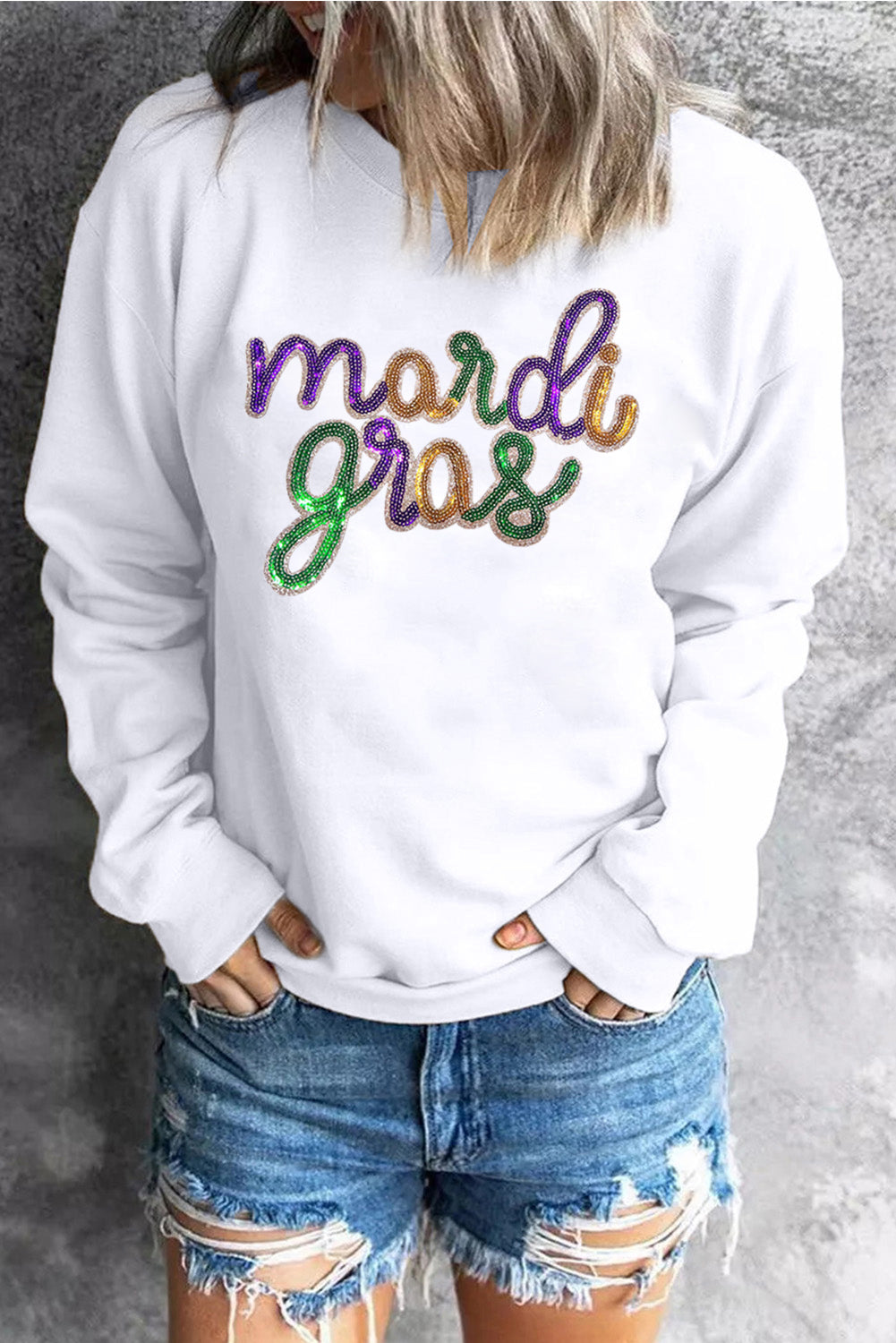 White Sequined mardi gras Graphic Crew Neck Drop Shoulder Sweatshirt eAura