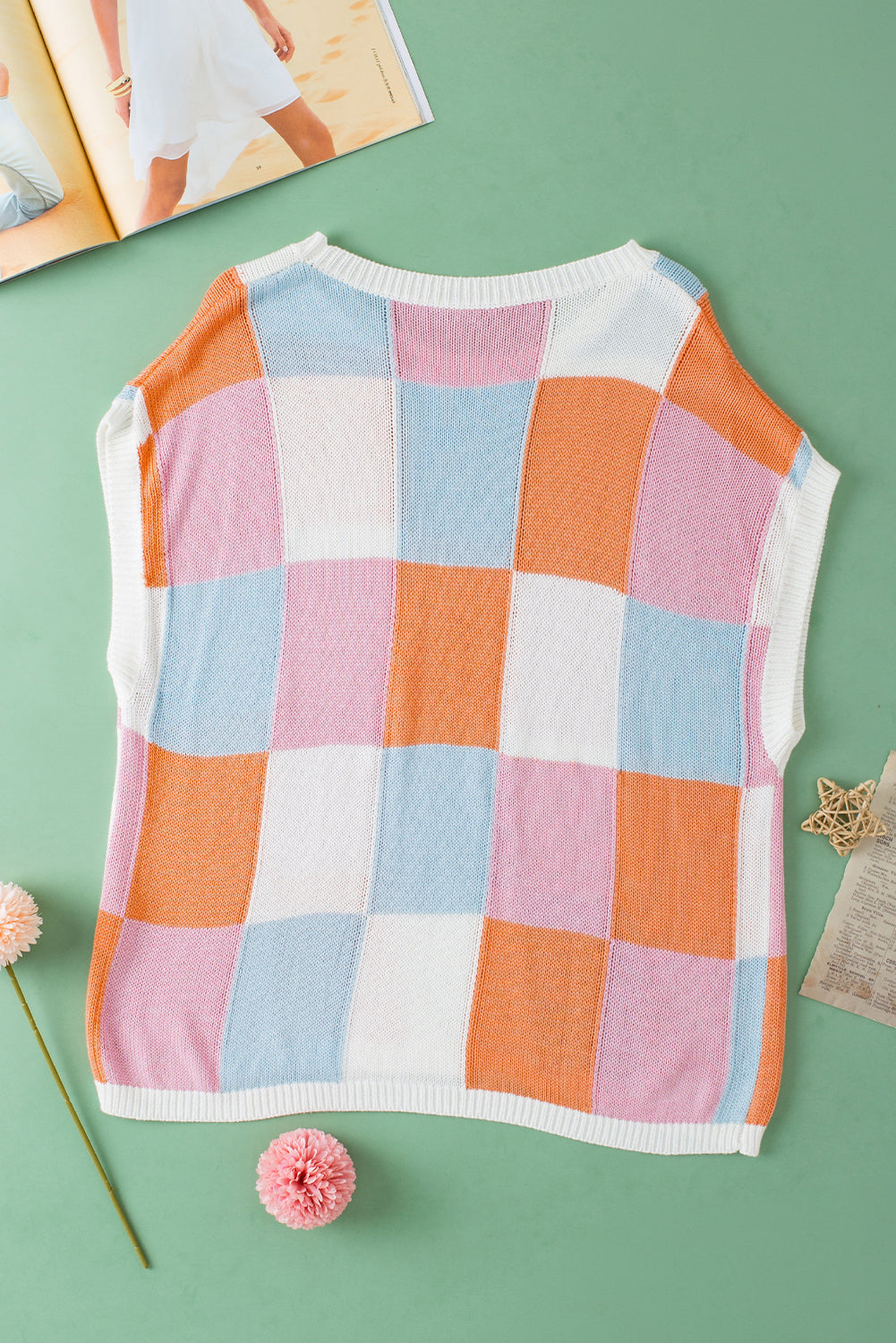 Grapefruit Orange Colour Block Cap Sleeve Sweater eAura