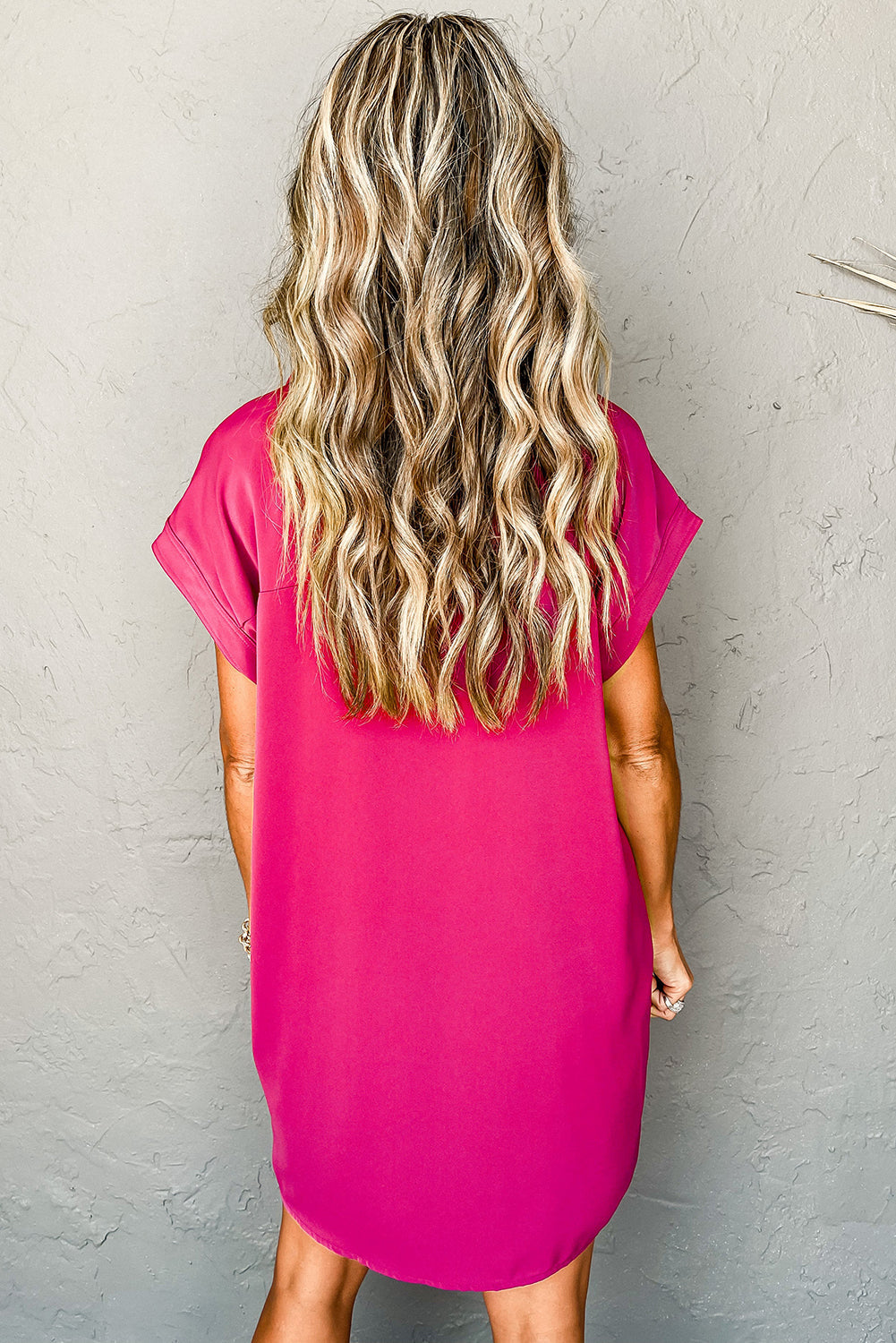 Rose Red Buttoned Collar Shift T-shirt Mini Dress eAura