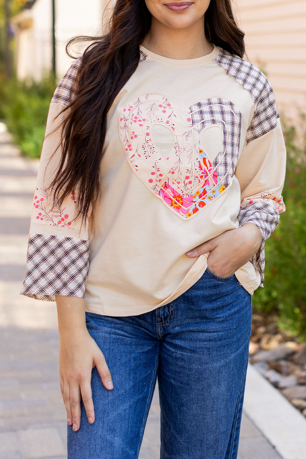 Clearly Aqua Plaid Floral Peace Heart Graphic Wide Long Sleeve Top Beagle Boutique Fashion Outlet
