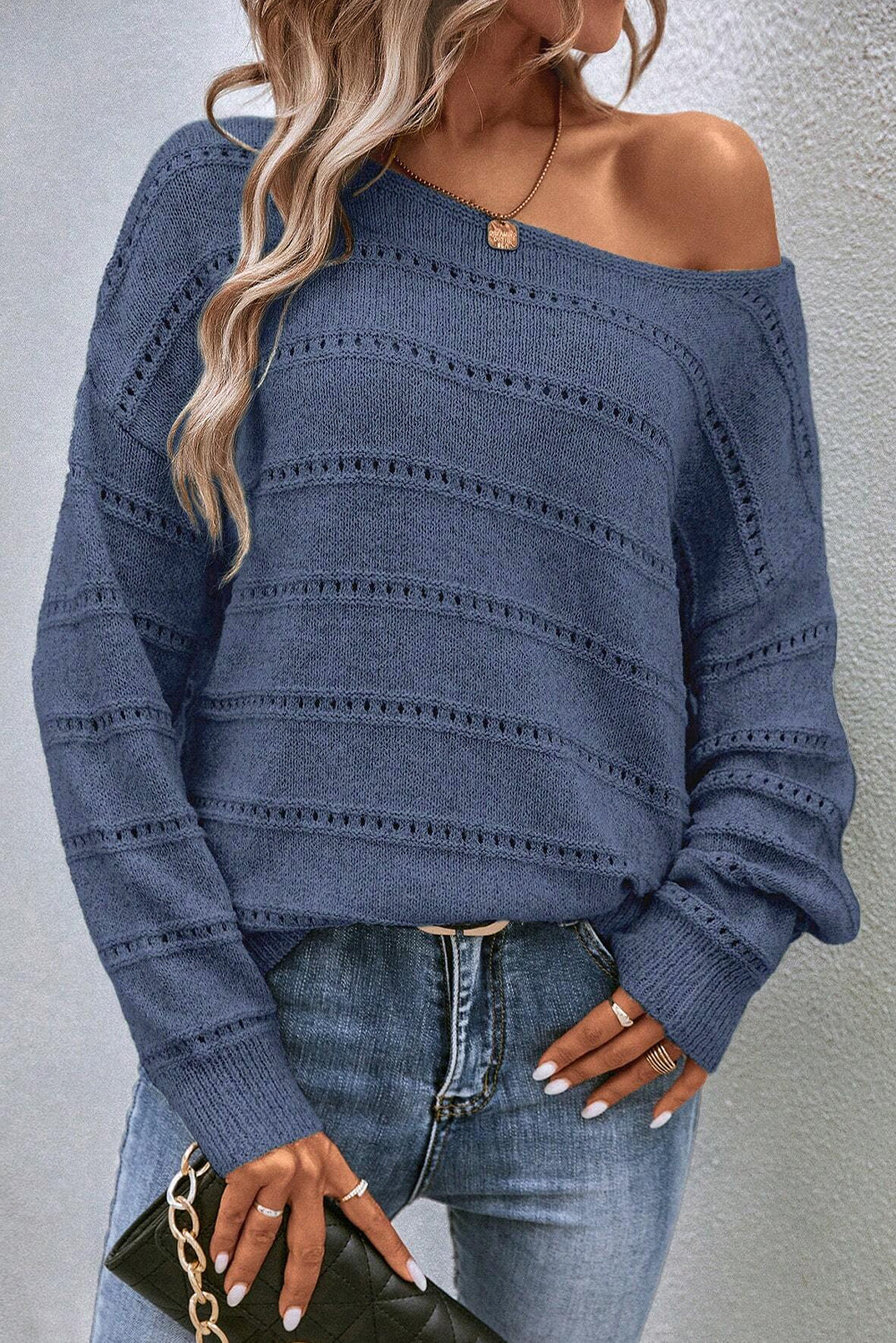 Pale Khaki Boat Neck Drop Shoulder Pointelle Knit Sweater eAura
