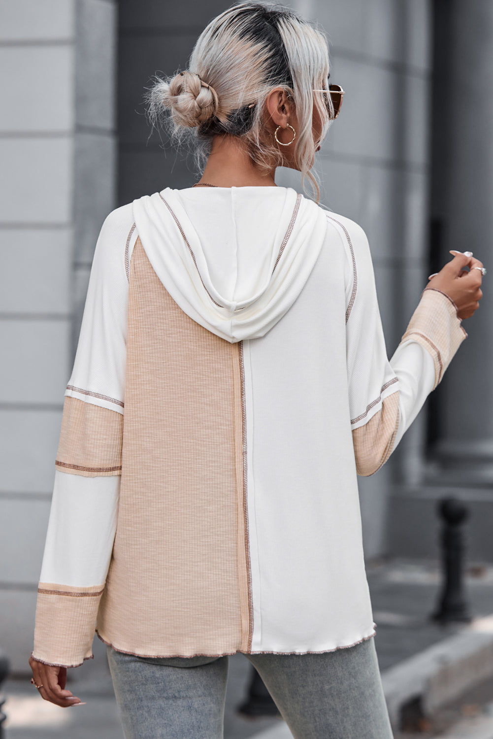 Grey Colourblock Seamed Ribbed Henley Hoodie eAura