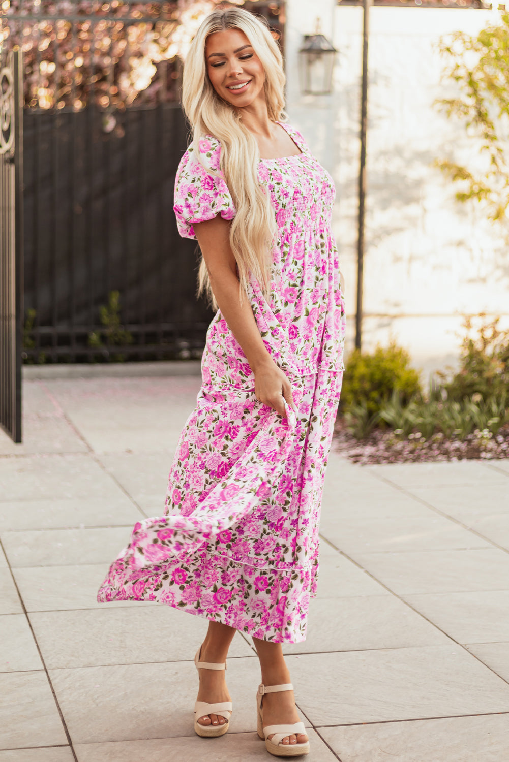 Pink Dainty Floral Smocked Puff Sleeve Flowy Long Dress eAura