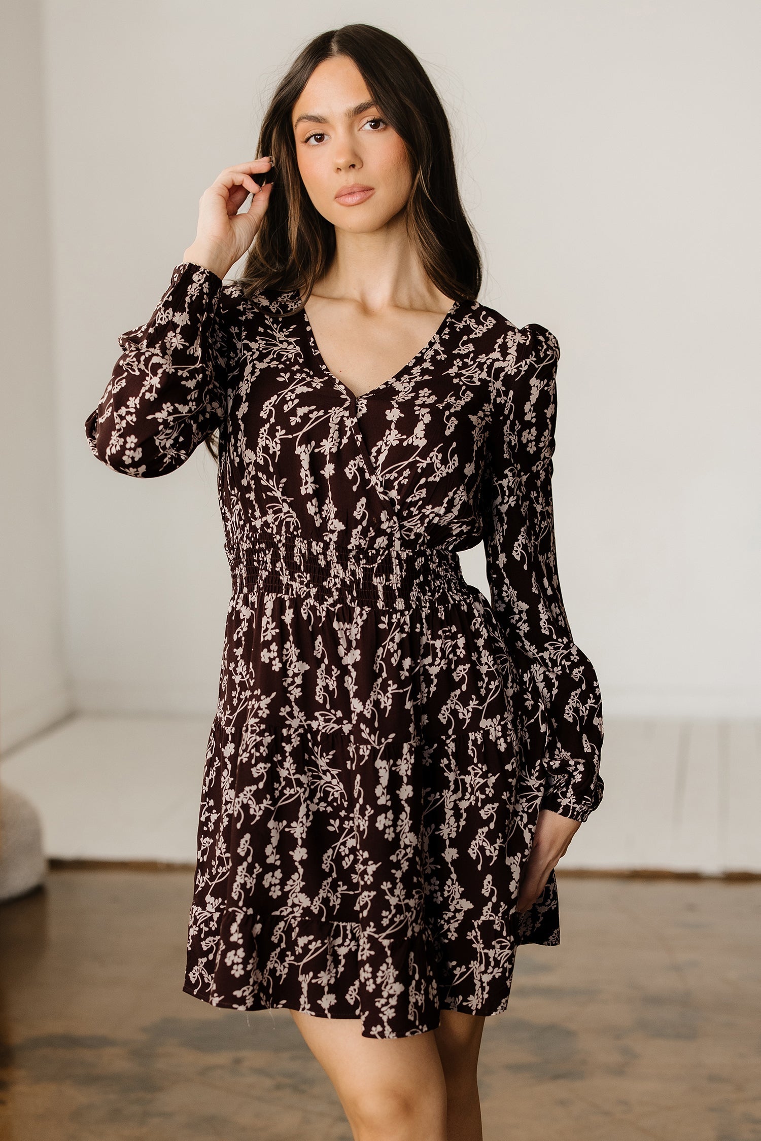 Ditsy Floral Print Split Neck Long Sleeve Shirred Waist Flared Mini Dress - Dresses/Mini Dresses