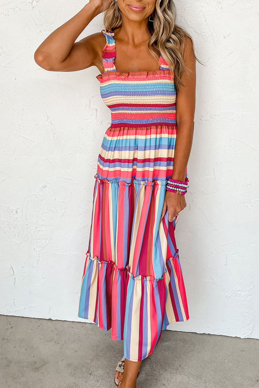 Red Stripe Ruffled Straps Smocked Tiered Long Dress eAura