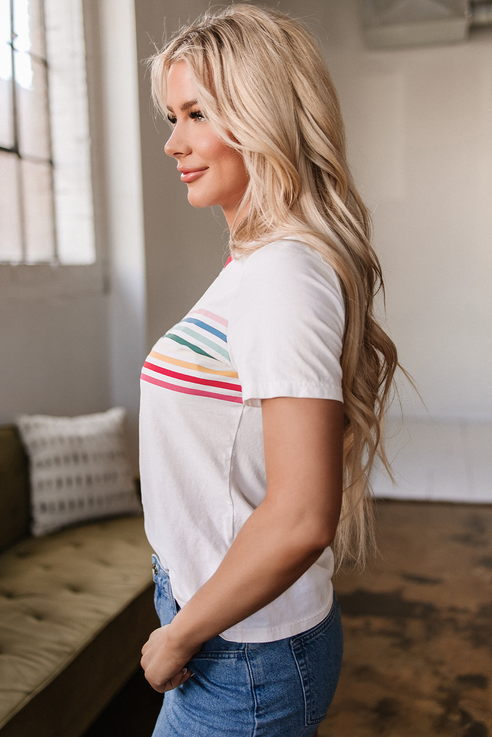 White Rainbow Stripe Print Contrast Crewneck T Shirt eAura
