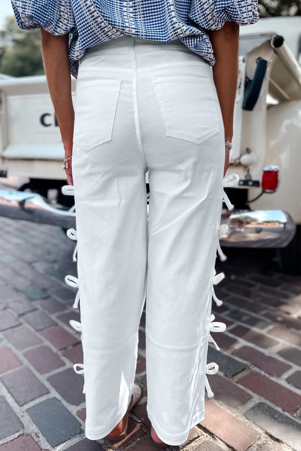Bow Knot Side Detail Straight Leg Loose Jeans - White / 4 - Bottoms/Jeans