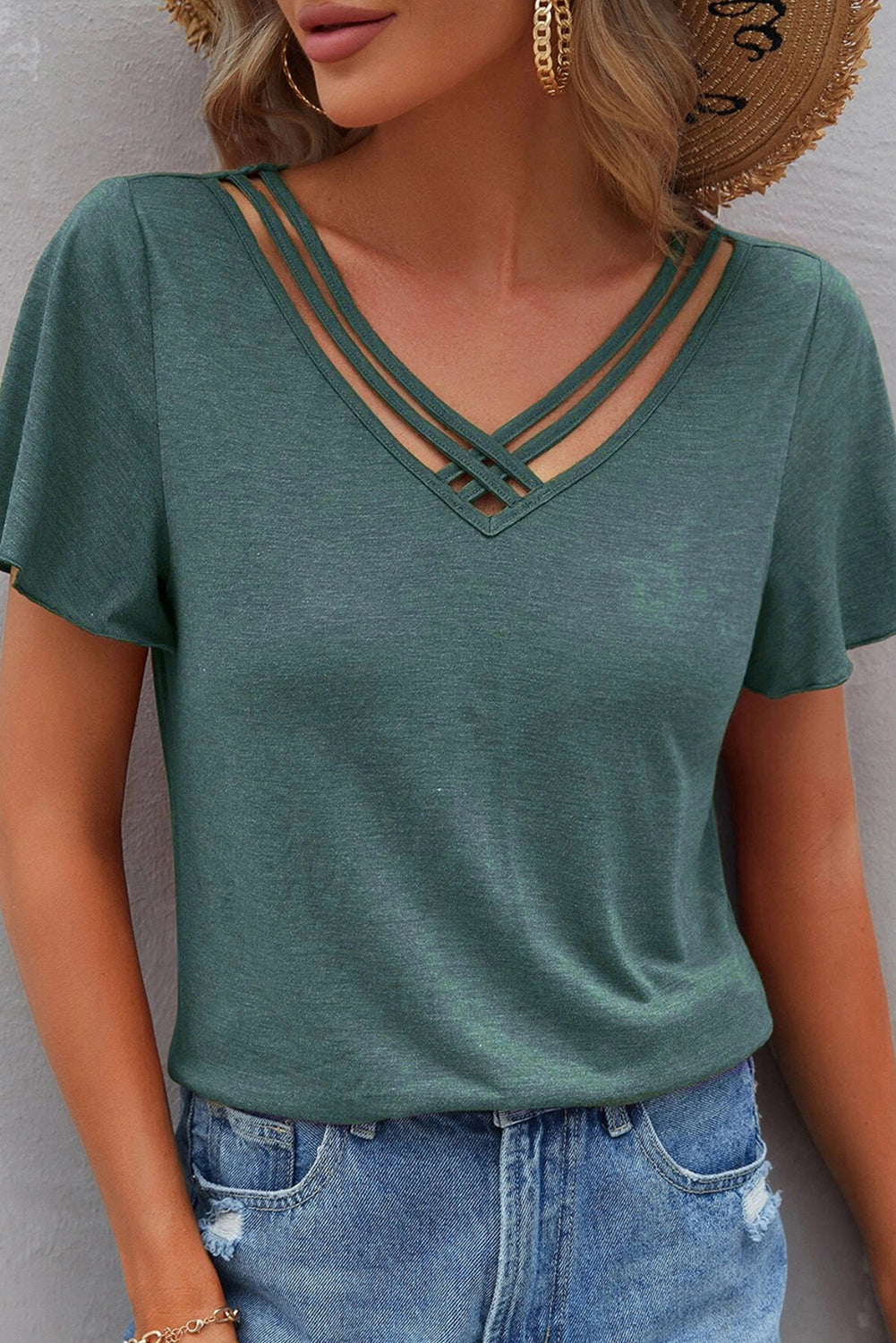 Black Crisscross V Neck Butterfly Sleeve T Shirt eAura