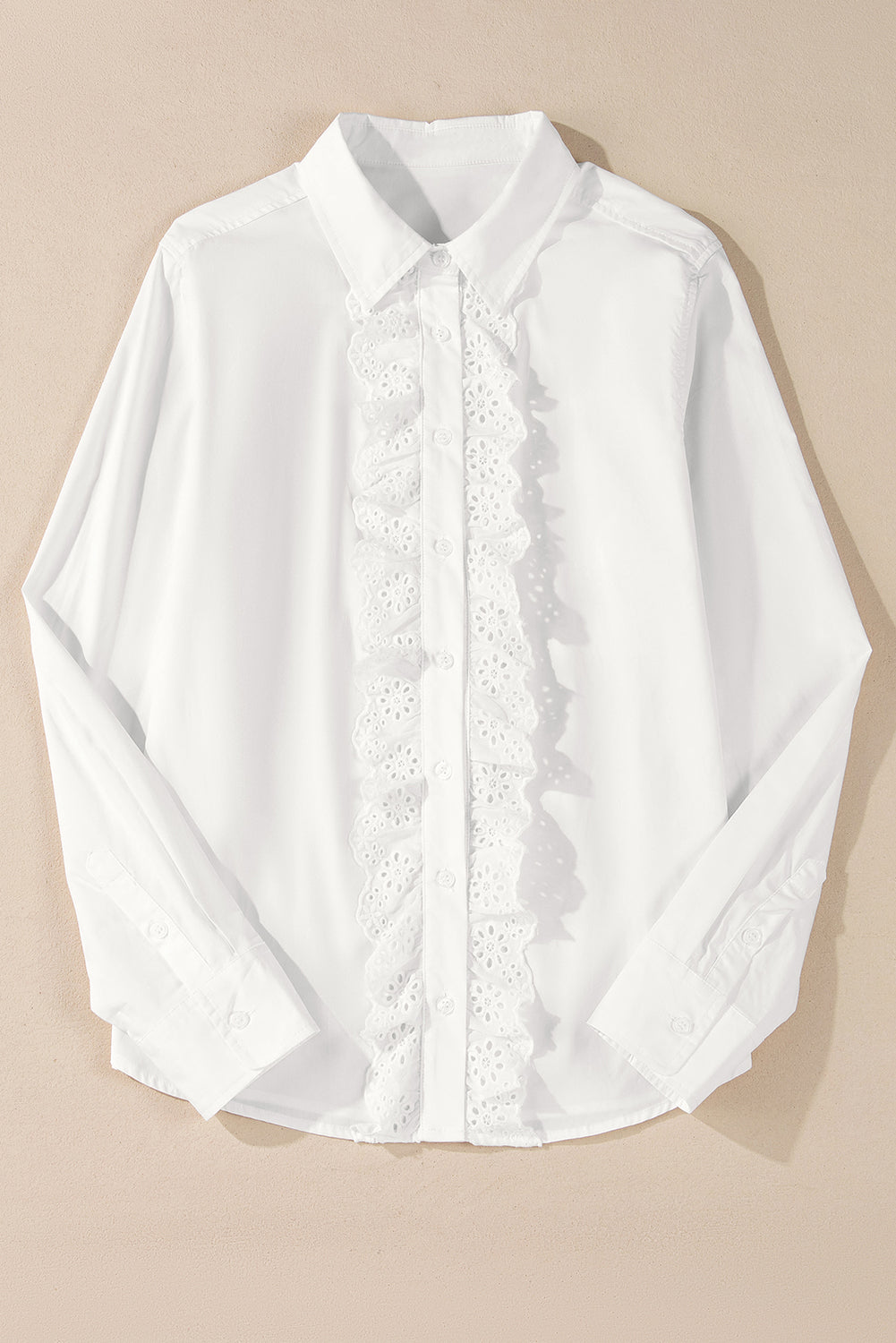 White Lace Crochet Trim Turn Down Collar Buttoned Shirt eAura