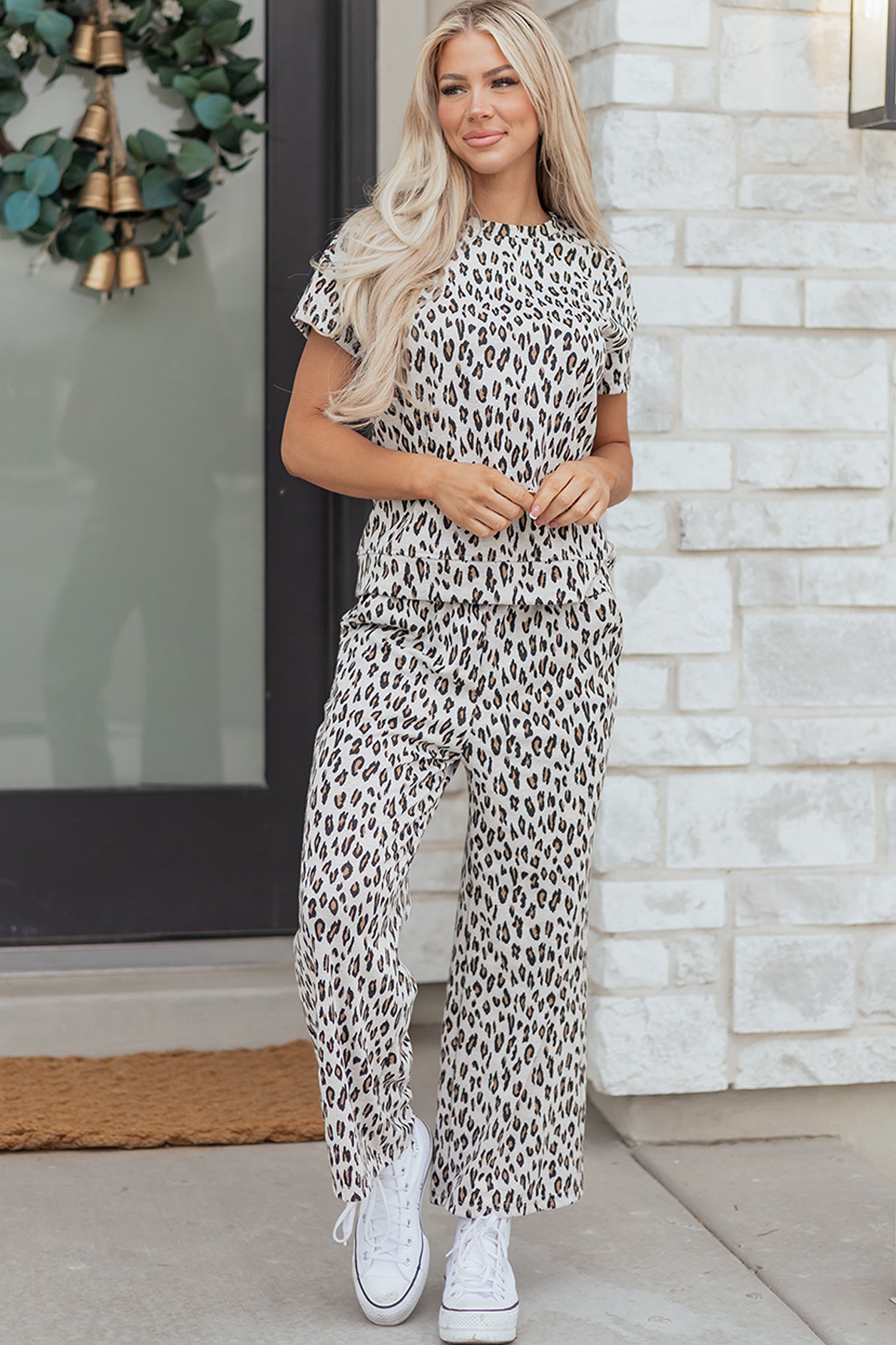 Leopard Print Casual Tee and Pants Co-ord Set