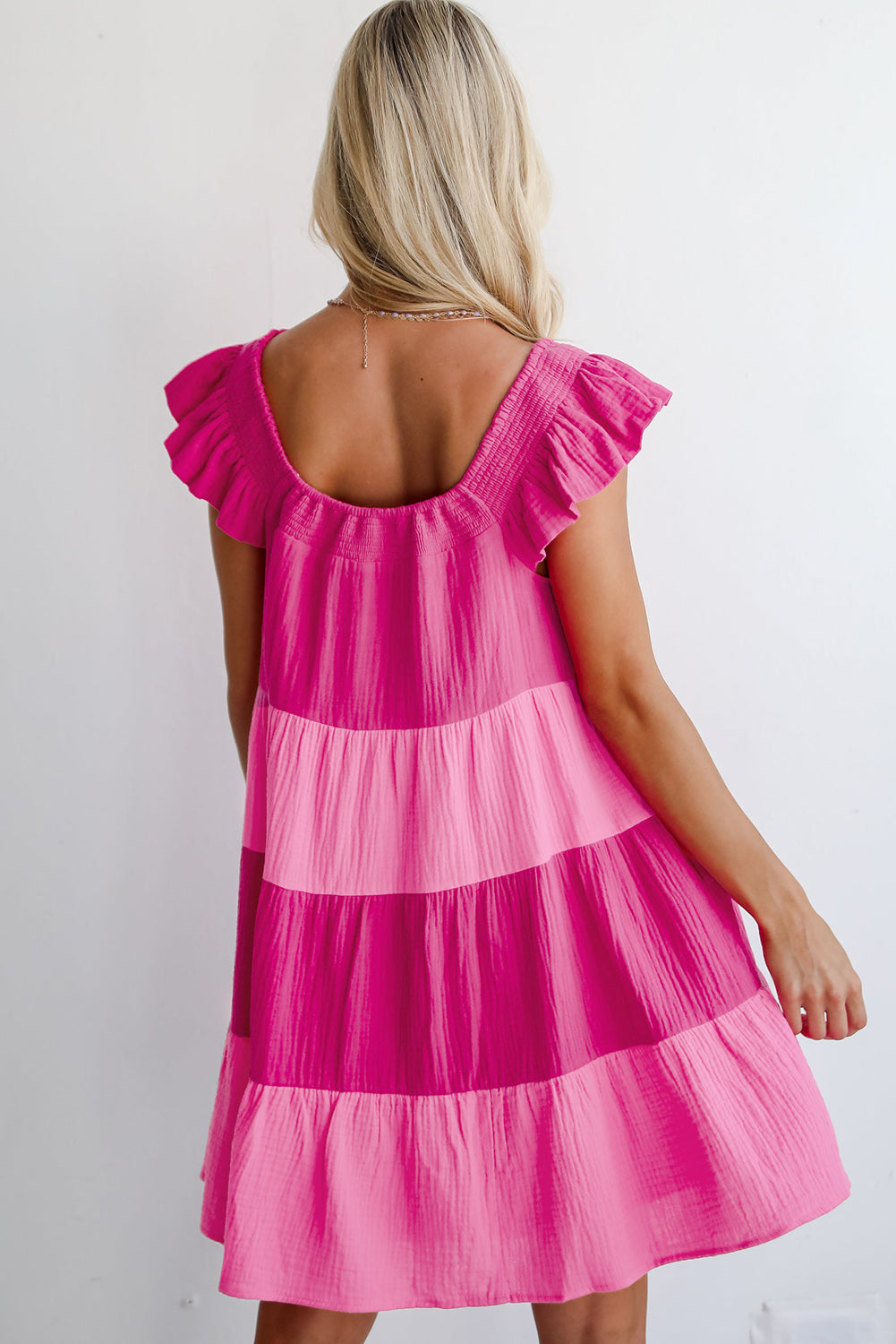Pink Crinkled Colourblock Patchwork Flutter Tiered Mini Dress eAura