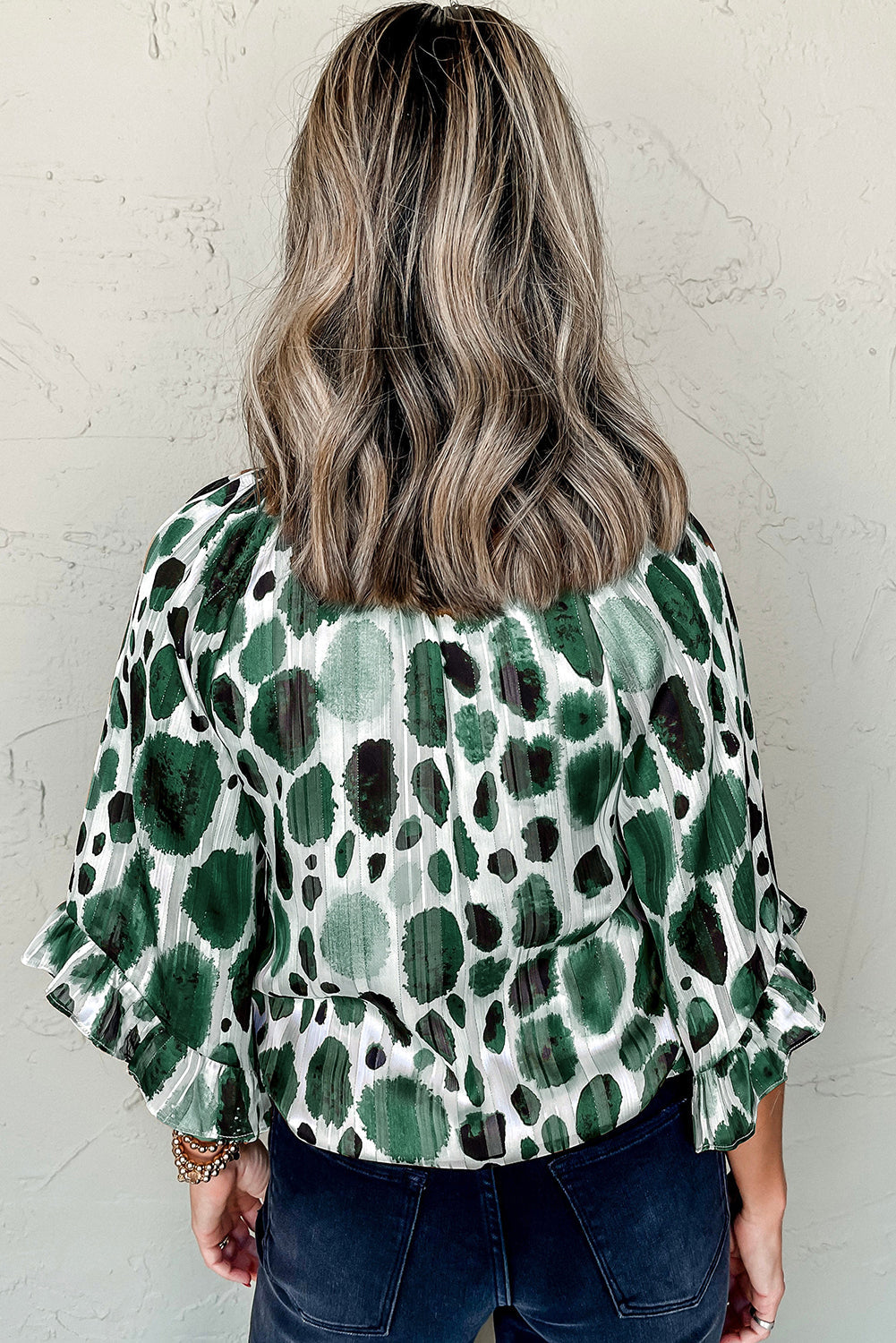 Green Metallic Threading Accents Pleated Abstract Printed Ruffled 3/4 Sleeve Blouse BB Fashion Outlet