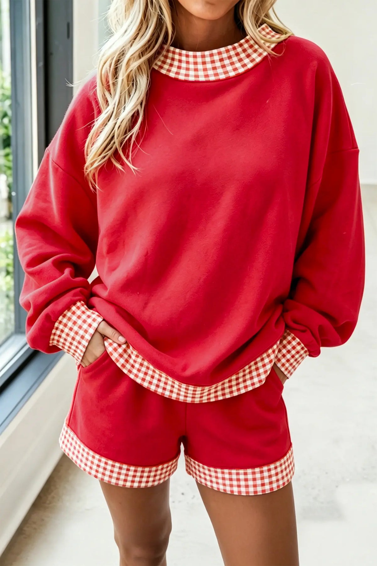 Gingham Trim Baggy Pullover 2pcs Short Set – Fiery Red