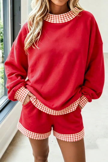 Gingham Trim Baggy Pullover 2pcs Short Set – Fiery Red