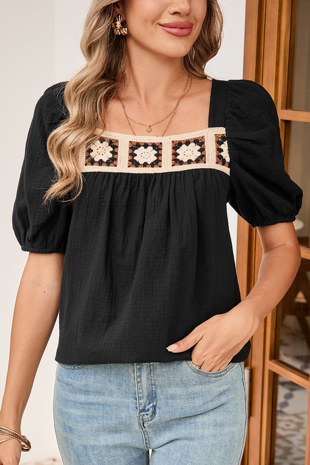 Black Crochet Square Neck Crinkled Blouse BBs