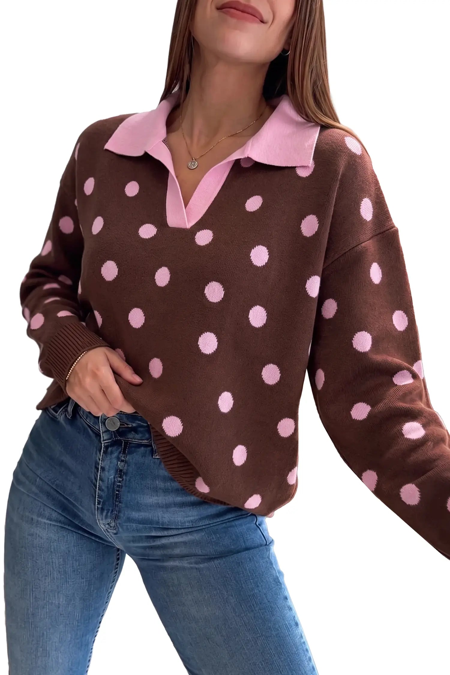 Polka Dot Pattern Color Block Collared Loose Pullover Sweater – Pink