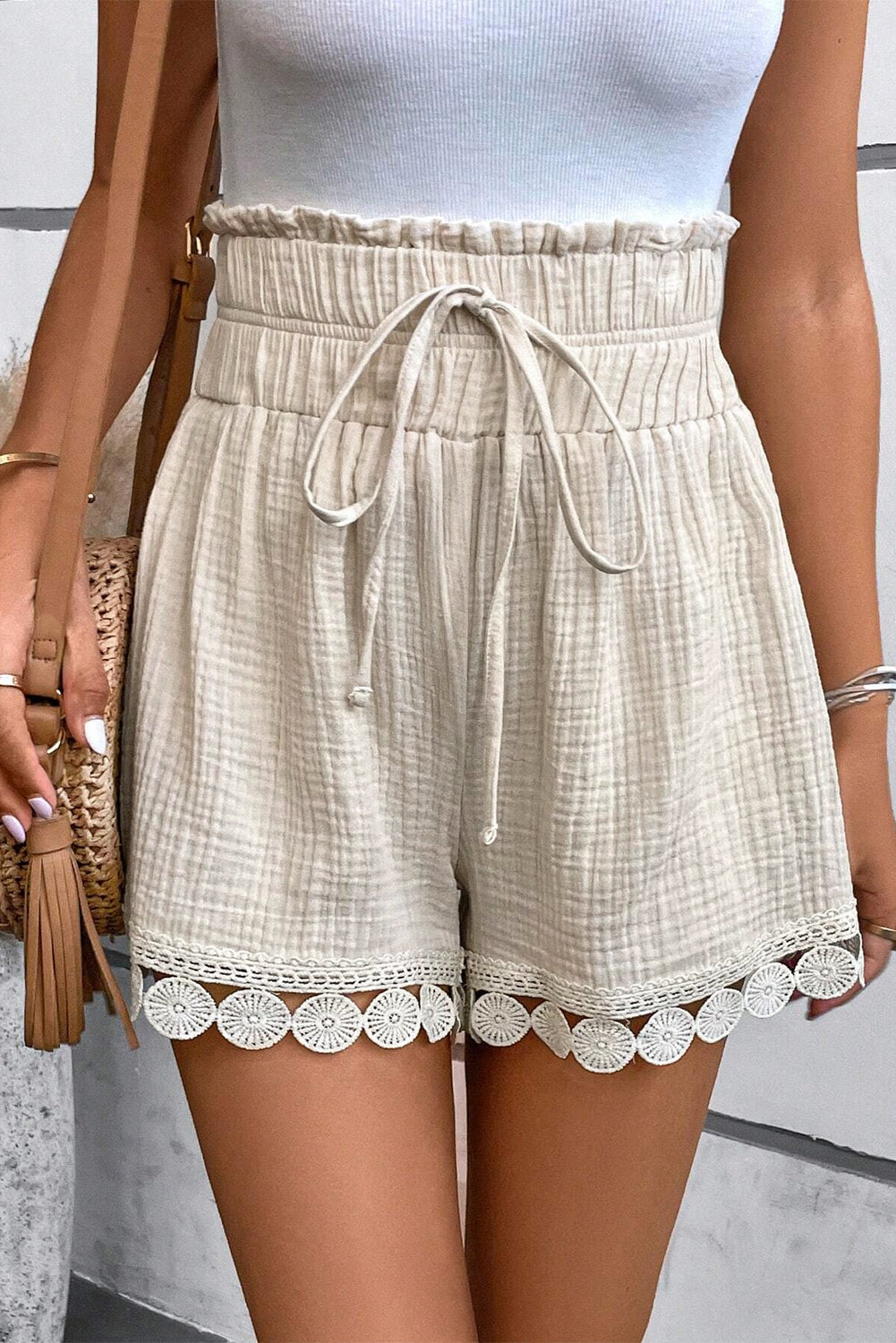 Apricot Textured Frilled Knotted High Waist Lace Hem Shorts eAura