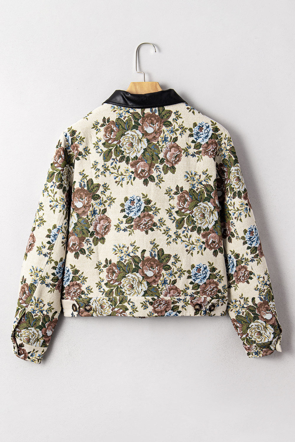 Khaki Floral Print Zip Up Contrast Collared Jacket eAura