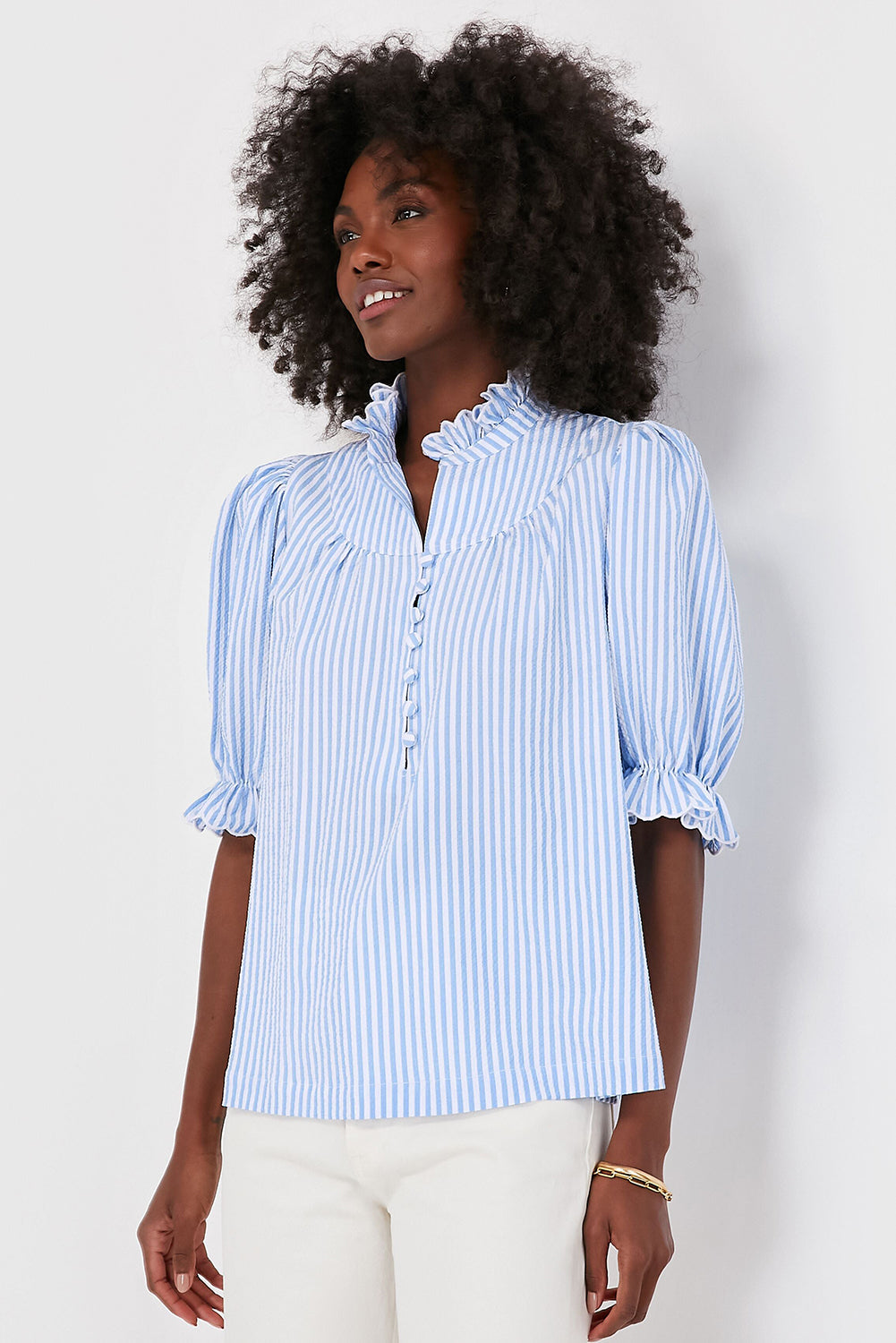 Blue Stripe Ruffled Collar Puff Sleeve Half Buttons Blouse eAura