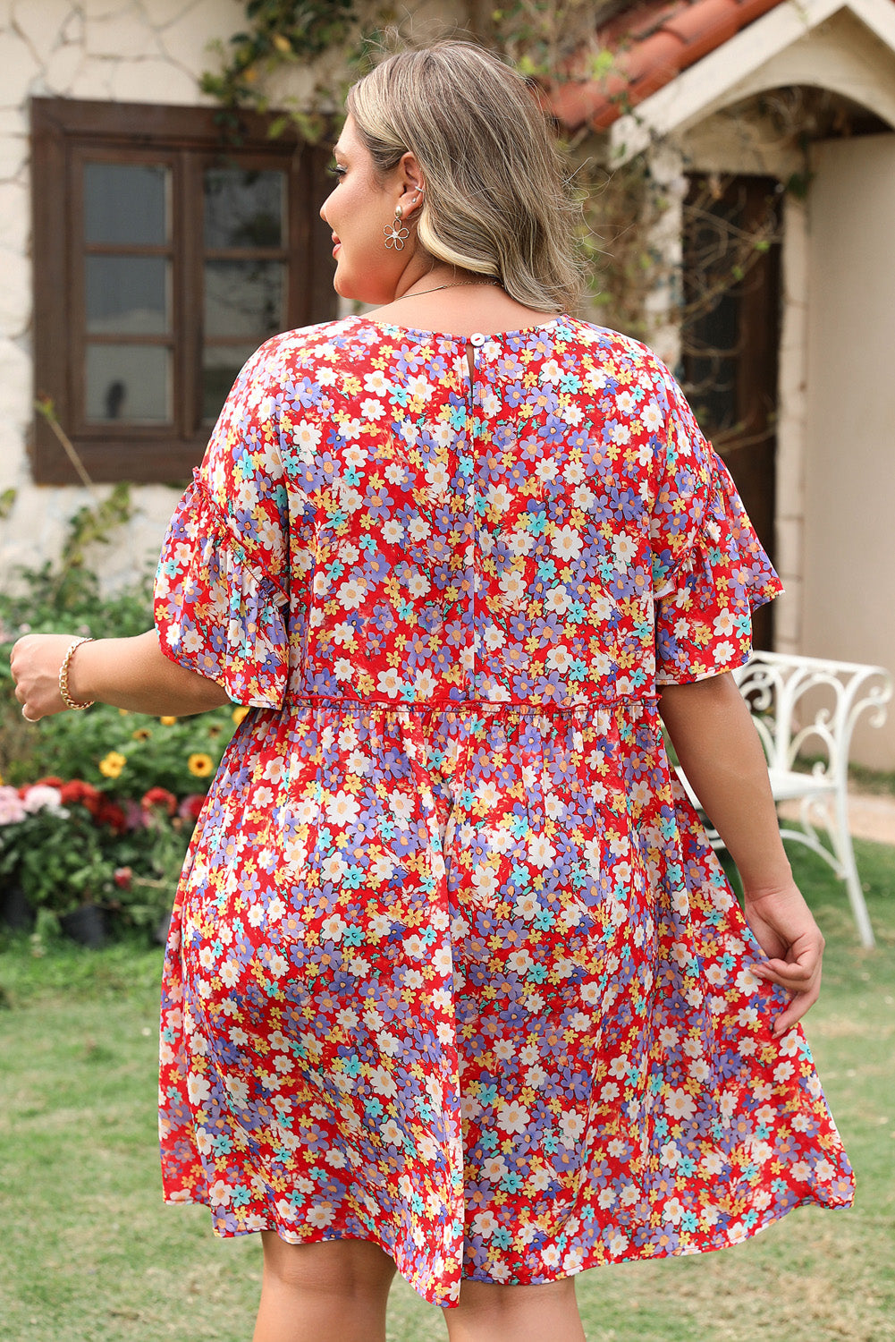 Red Dainty Flower Printed Plus Size Short Sleeve Shift Dress BB Fashion Outlet