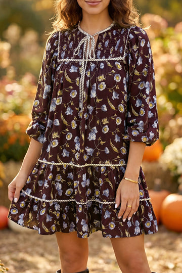 Floral Print Shirred V Neck Shift Dress – Brown