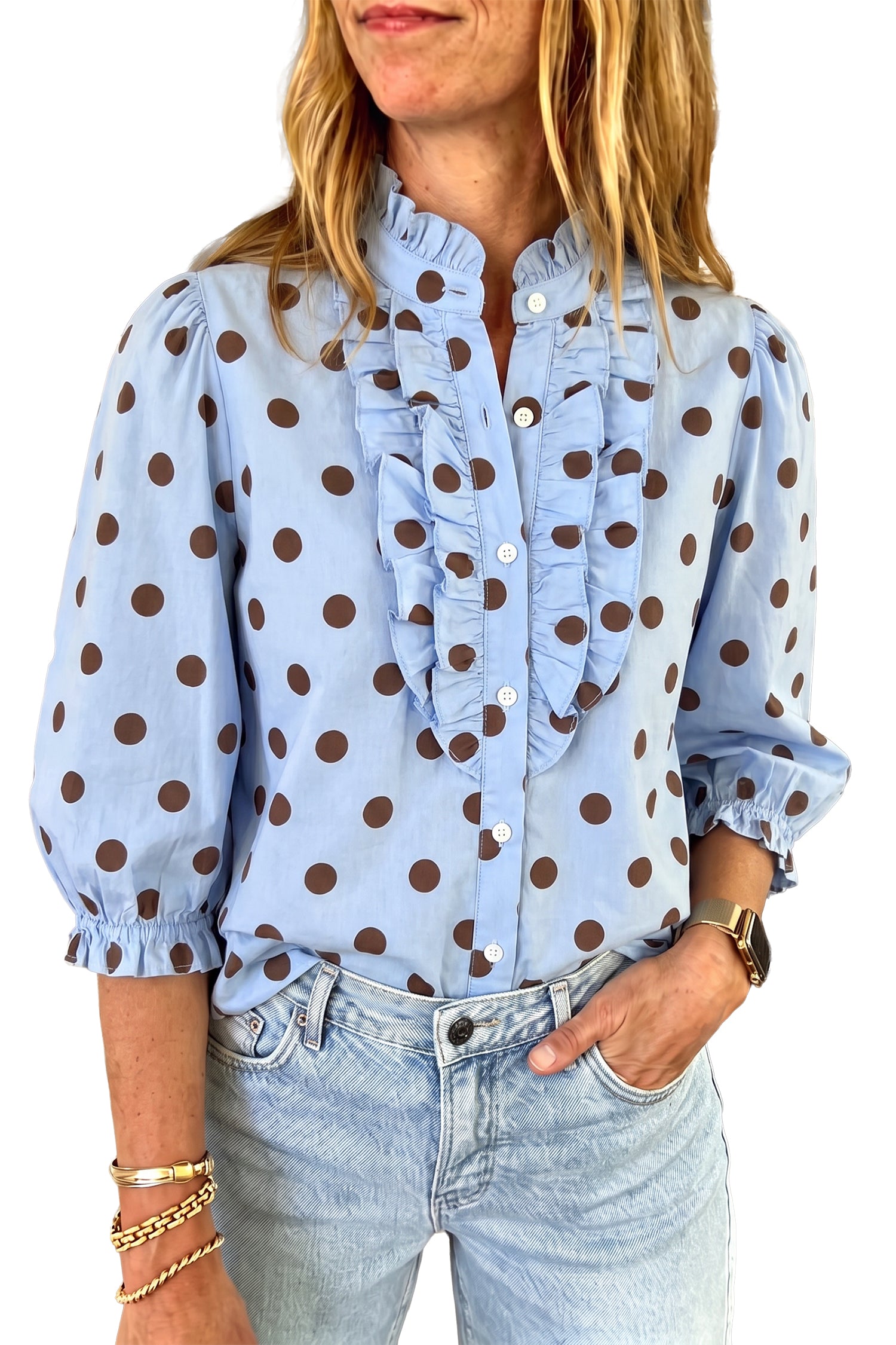 Polka Dot Striped Print Ruffle Stand Neck 3/4 Sleeve Shift Shirt – Fiery Red
