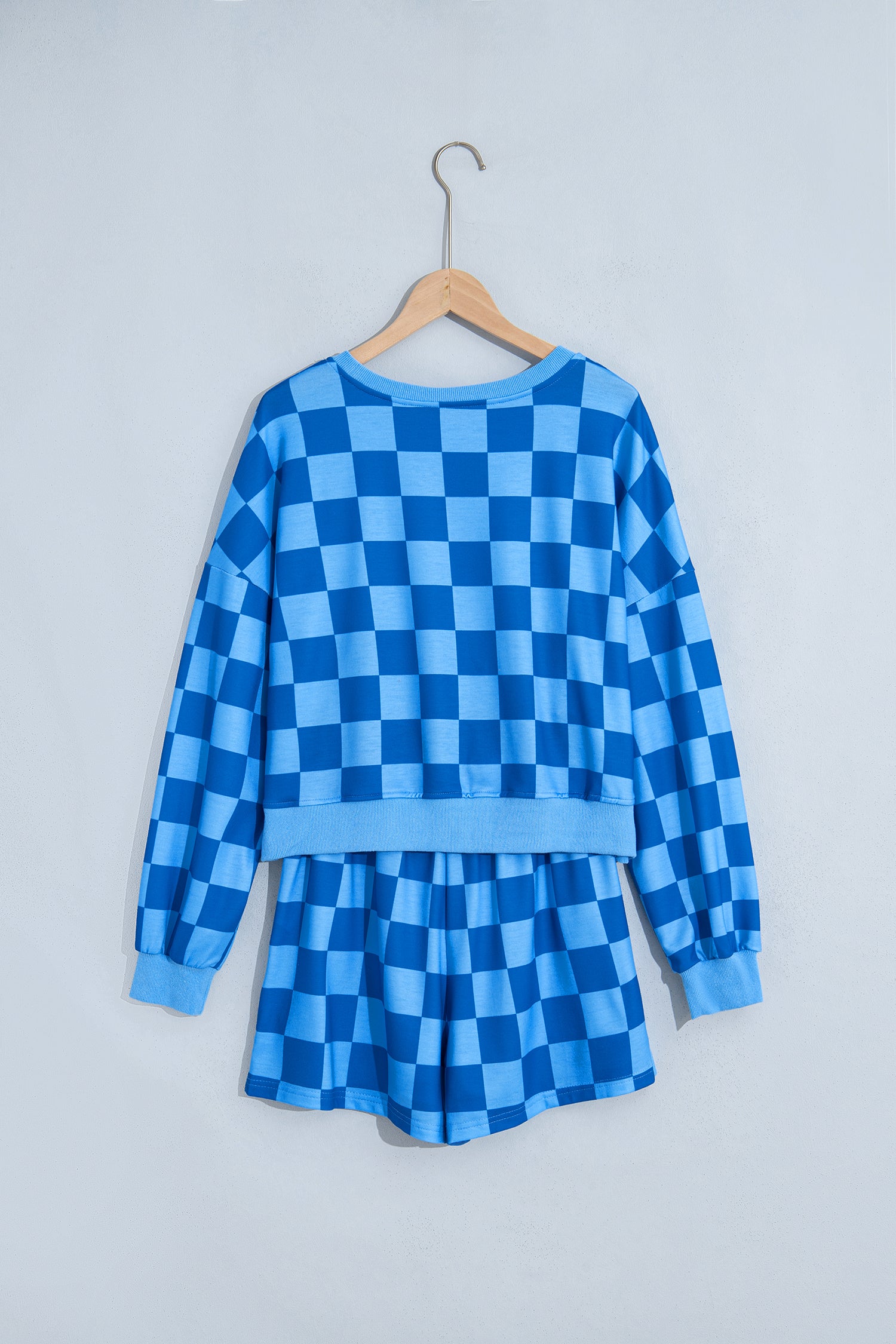 Plaid Checkered Long Sleeve Crop Top Elastic Waist Shorts Two Piece Set – Dark Blue