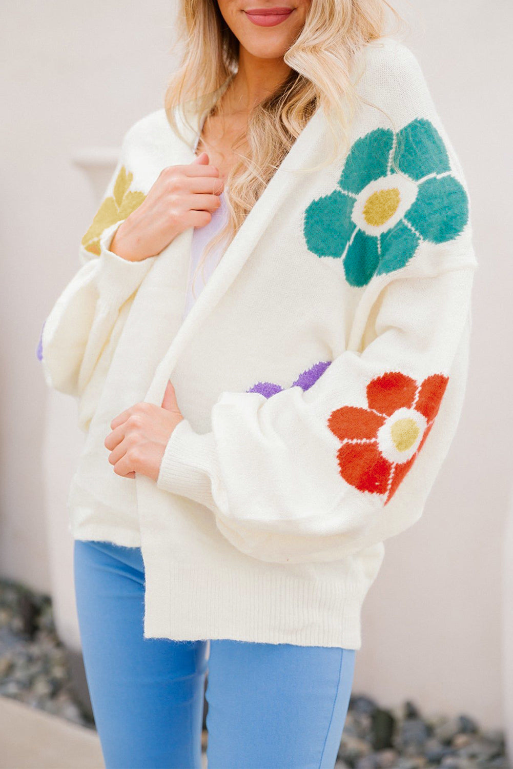 White Flower Jacquared Bubble Sleeve Open Cardigan eAura