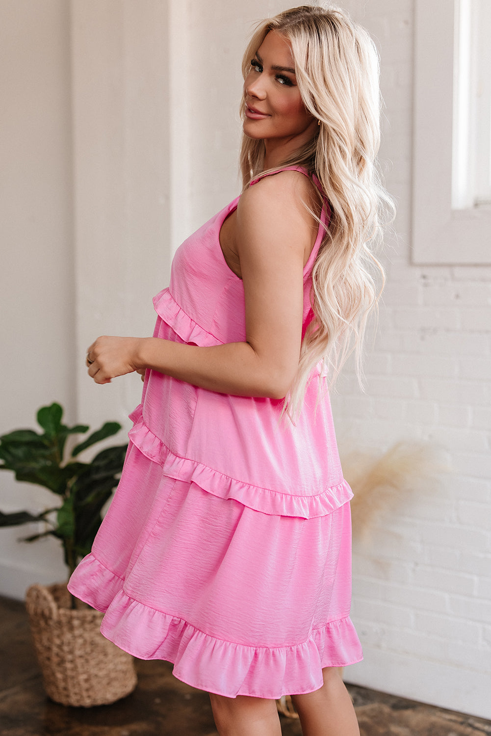 Pink Smocked Neck Knot Back Frilly Tiered Sleeveless Mini Dress BB Fashion Outlet