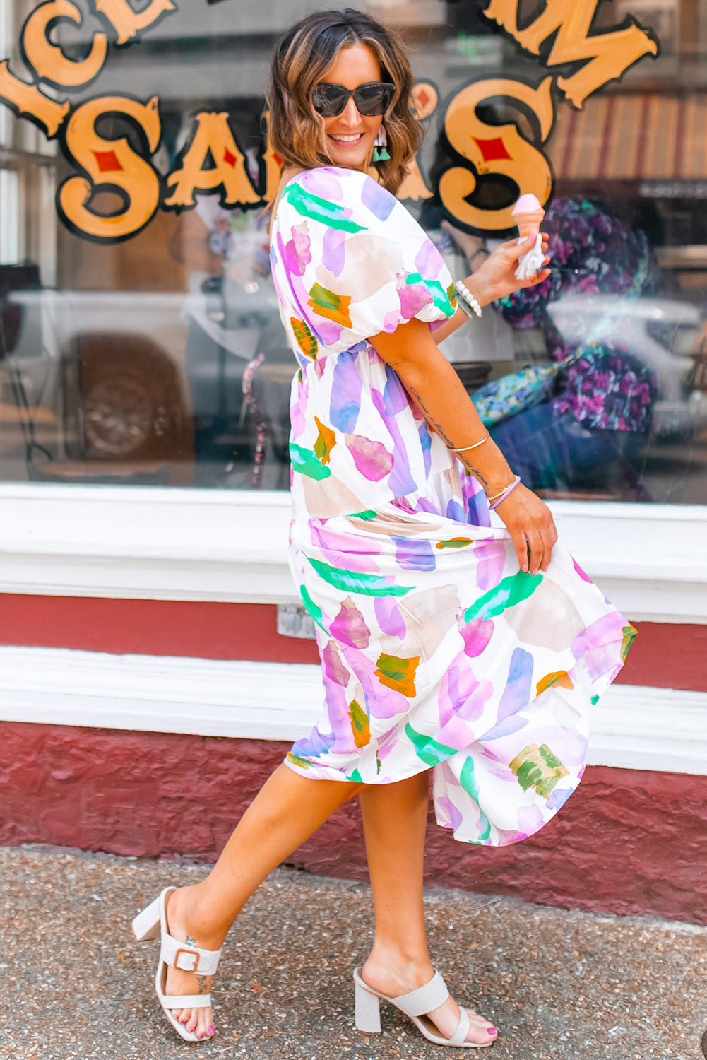Purple Abstract Print Puff Sleeve Smocked Back Midi Dress BB Fashion Outlet